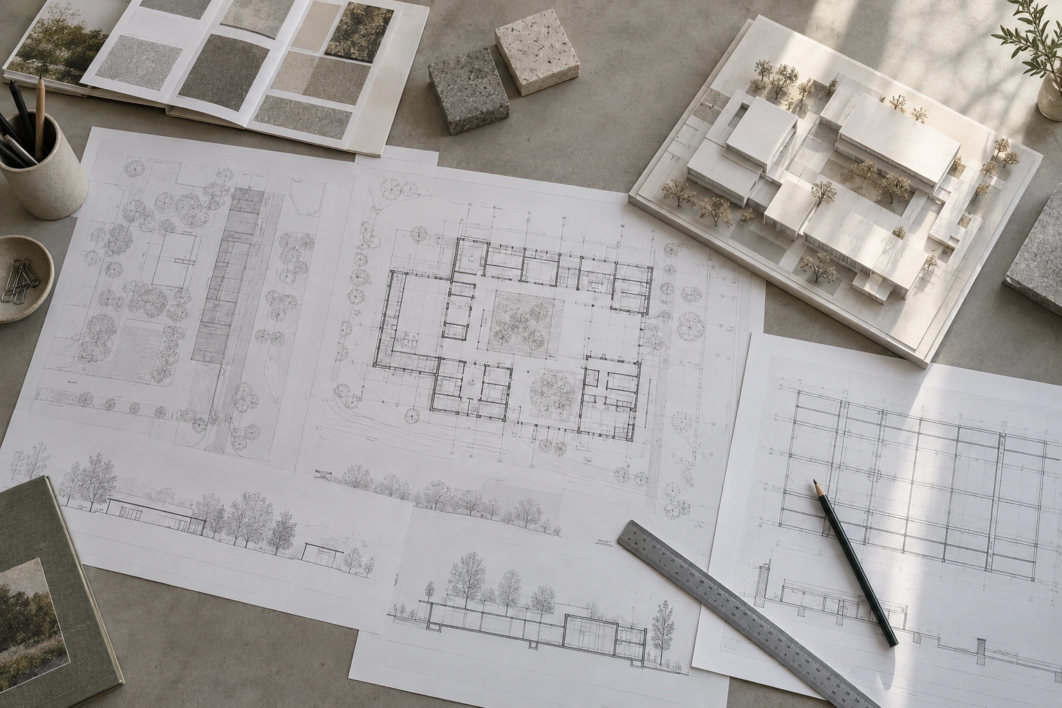 Daylit architecture studio with drawings and material samples on a worktable