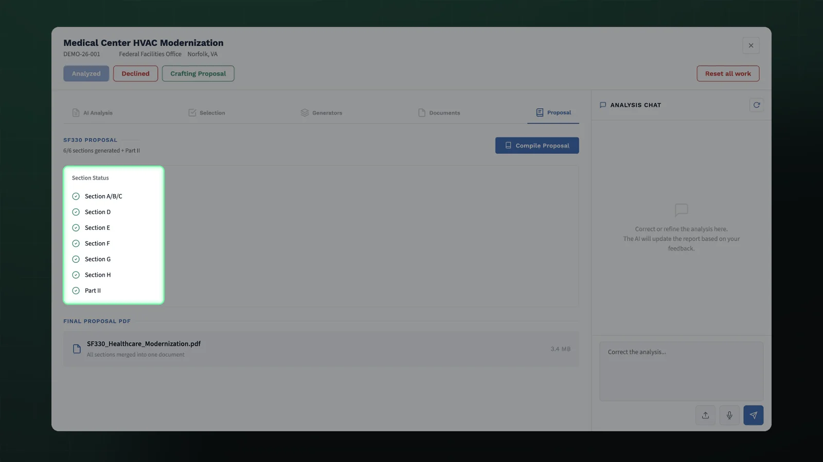 Actual dashboard: SF330 section status and compiled proposal